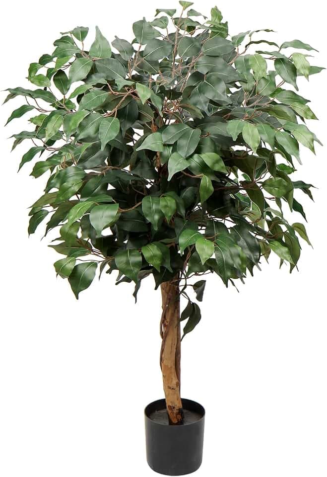 Kunstpflanze Groß Kunstbaum Ficus Benjamini Künstliche Pflanze Baum mit Echtholzstamm Ideal für die Innendekoration Grün