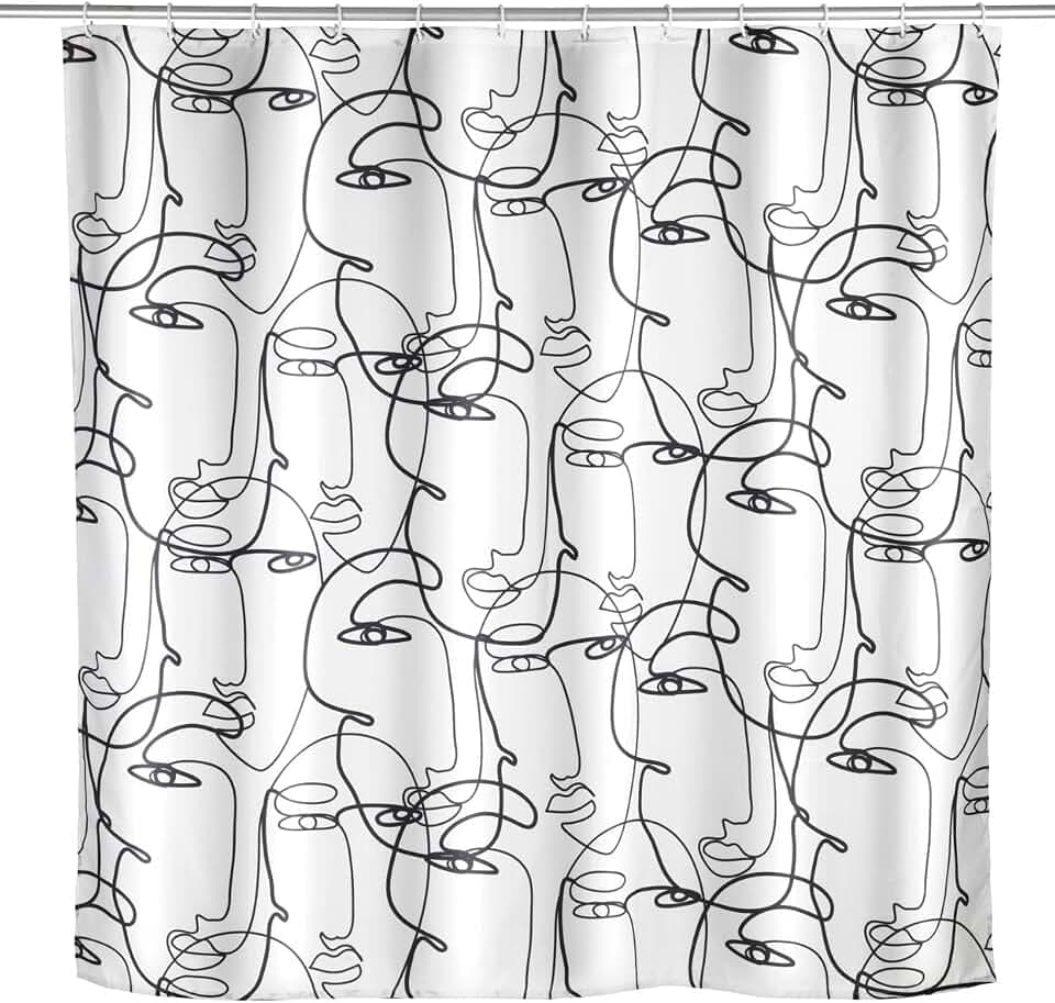 WENKO Anti-Schimmel Duschvorhang Faces, antibakterieller Textil-Vorhang für Dusche und Badewanne, waschbar & wasserabweisend, mit 12 Vorhang-Ringen zur Befestigung an der Duschstange, 180 x 200 cm