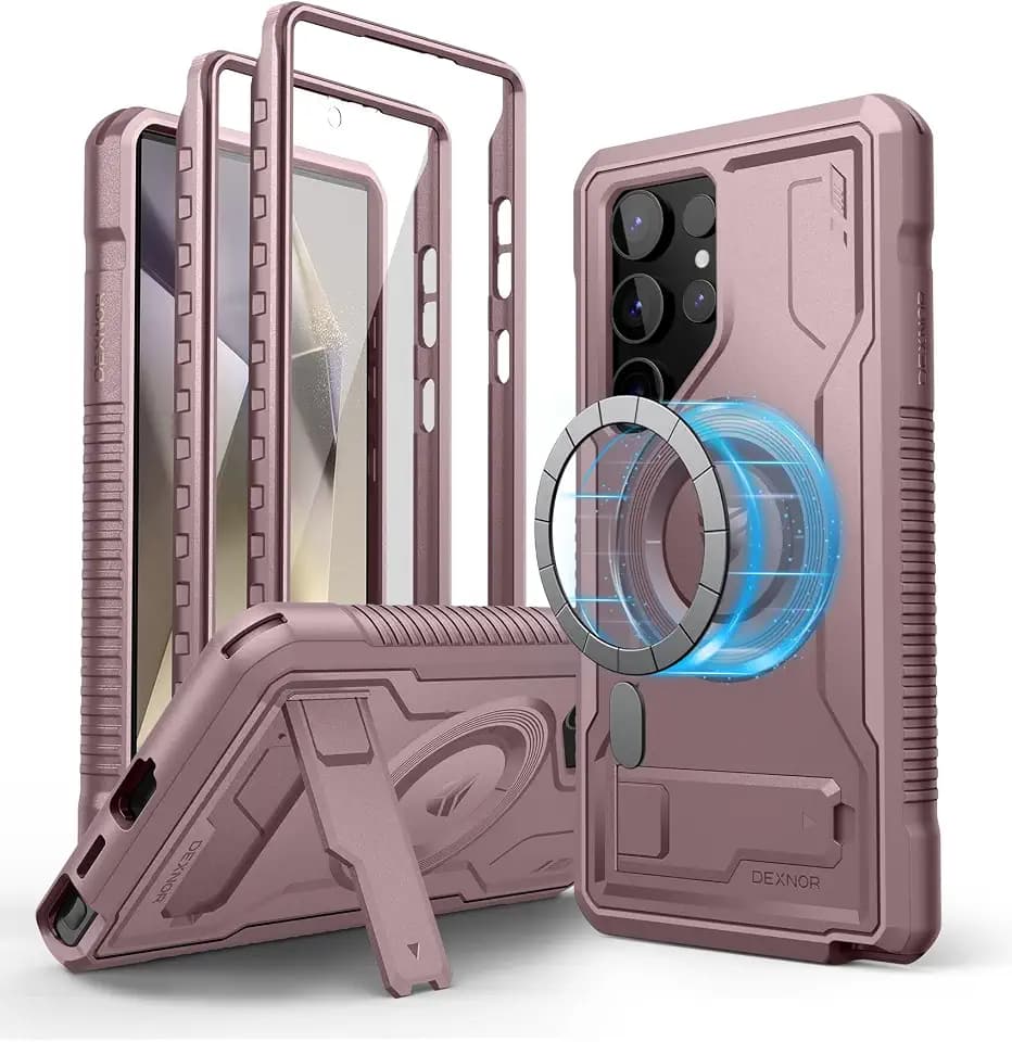 Dexnor Kompatibel mit Samsung Galaxy S24 Ultra Hülle, mit Displayschutz&Kickstand, Schwerlast Stoßfestes Robustes Handyhülle Ganzkörper Stoßfänger Schutzhülle - Pfingstrosenpulver