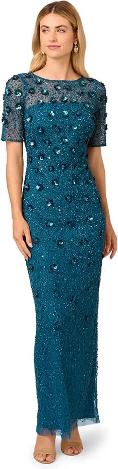 Adrianna Papell Women's Beaded Long 3D Floral Dress