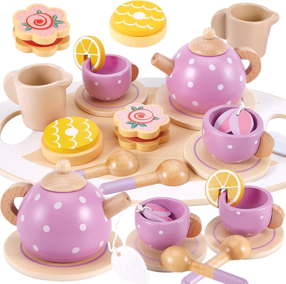 AOLEVA Teeservice Holz Tee Set Kinderküche Zubehör Holzspielzeug für Kinder