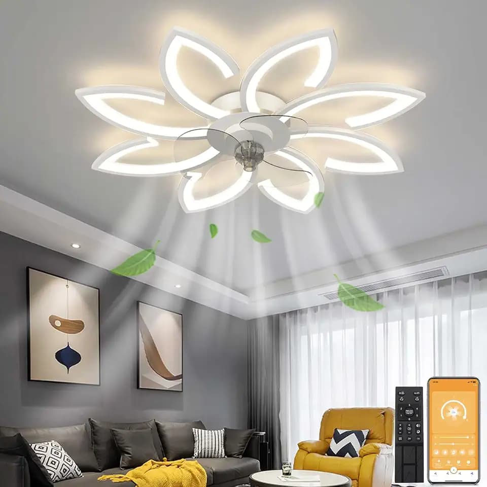35.5" Ceiling Fan with Lights Remote Control, Modern Low Profile Flush Mount Ceiling Fan with Lights, Dimmable Ceiling Fans 3 Color 6 Speed for Bedroom Living Dining Room Kitchen - White
