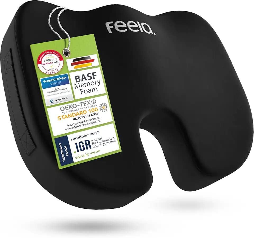 feela.® Orthopädisches Sitzkissen [3 Härtegrade] TESTSIEGER – Ergonomisches Sitzkissen für Bürostuhl & Auto – Schmerzlindernd, Steißbein entlastend, Sitzkomfort & Durchblutung fördernd (Weich)
