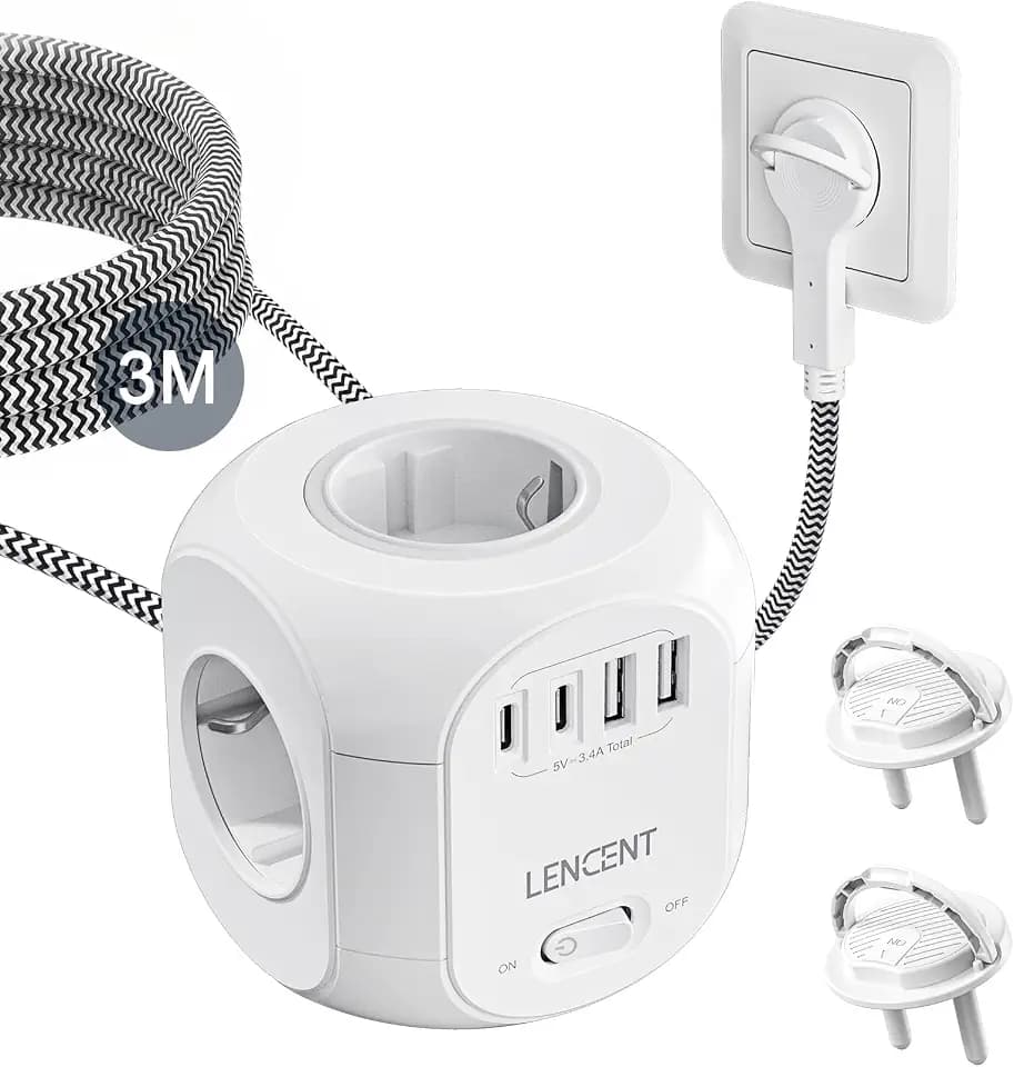 LENCENT 4 Fach Steckdosenleiste Flachstecker Steckdosenwürfel 3 Meter