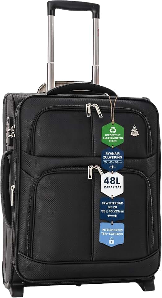 Aerolite Erweiterbar 55x40x20cm auf 55x40x23cm Lufthansa Eurowings Bordgepäck Handgepäck Koffer 55x40x20 55x40x20 mit 2 Rollen - Auch für Condor, SunExpress, TUI und Vieles Mehr (Schwarz)