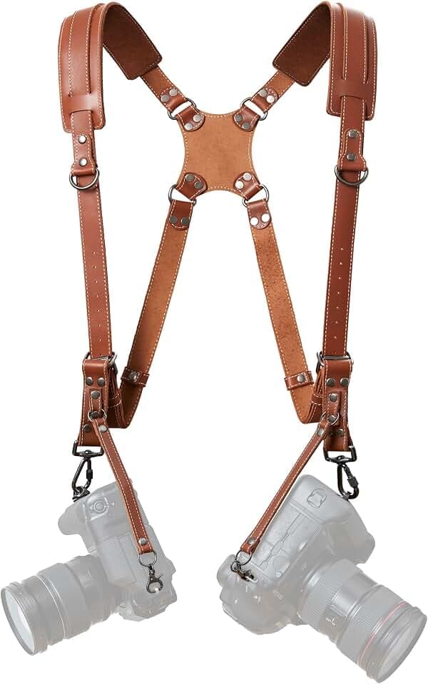 Padwa Lifestyle Tan Dual Camera Harness Strap for Two-Cameras - Dual Shoulder Full Grain Leather Harness,Multi Double Camera Gear for DSLR/SLR Strap,Double Camera Harness for Photographers