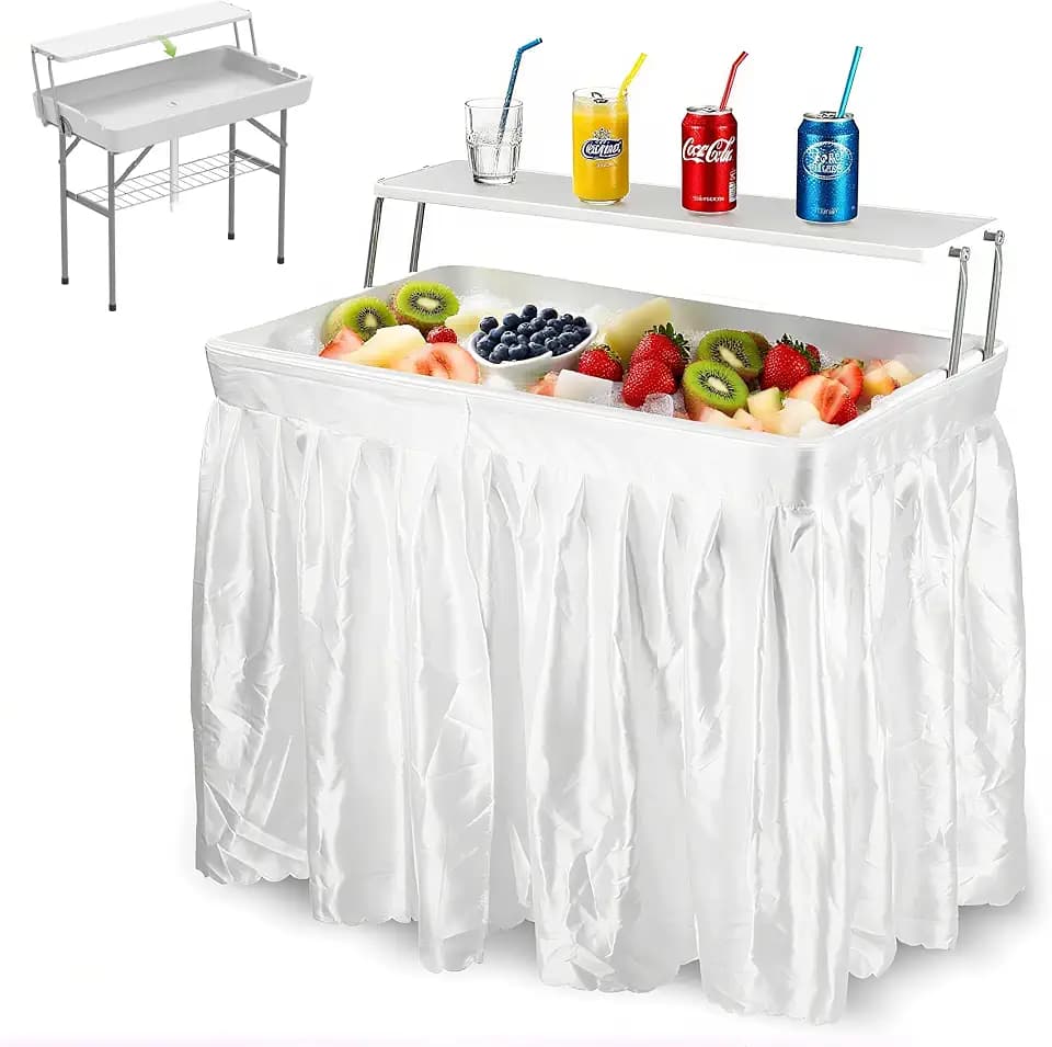 LHBcraft Folding Party Ice Cooler Table with Extra Storage Shelf, Portable Tailgate Camp Fishing Cleaning Table, Ice Cooler with Removable Skirt & Drain Hose, Cooler for Camping, Picnic,BBQ, White