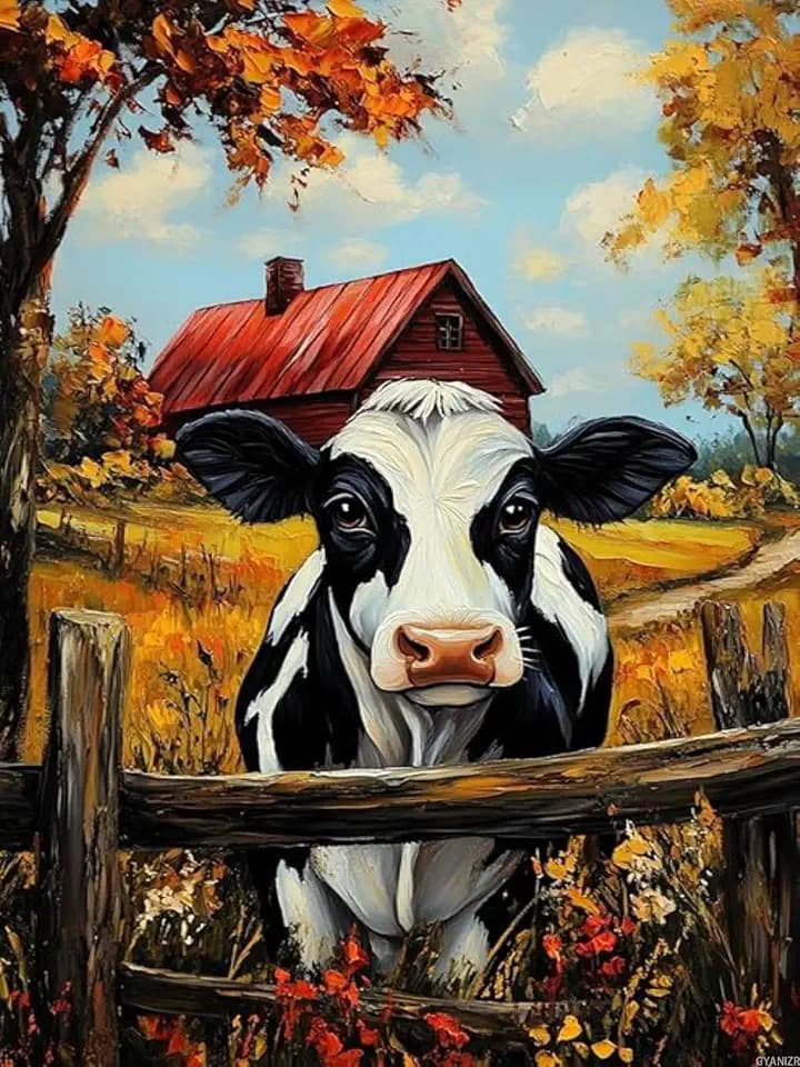 GYANIZR Black and White Cows in Autumn Fence Diamond Art Painting Kits for Adults Farmhouse Animals 5d Diamond Painting Dots Art Kits for Adults Beginner Home Wall Decor 12x16 Inch