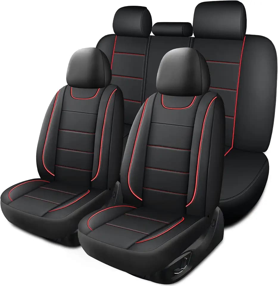 HChengkikz Car Seat Cover, Waterproof Faux Leather (Black + Red)