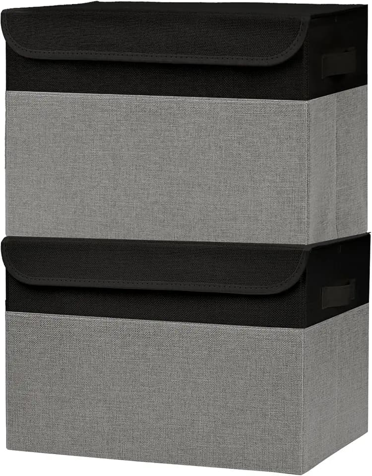 Bagnizer Large 42 Quarts Fabric Storage Bins with Lids [2-Pack] Linen Collapsible Foldable Storage Cubes, Closet Organizer Containers boxes with Handles for Home Office (16.7 x 12 x 12, Black & Gray)