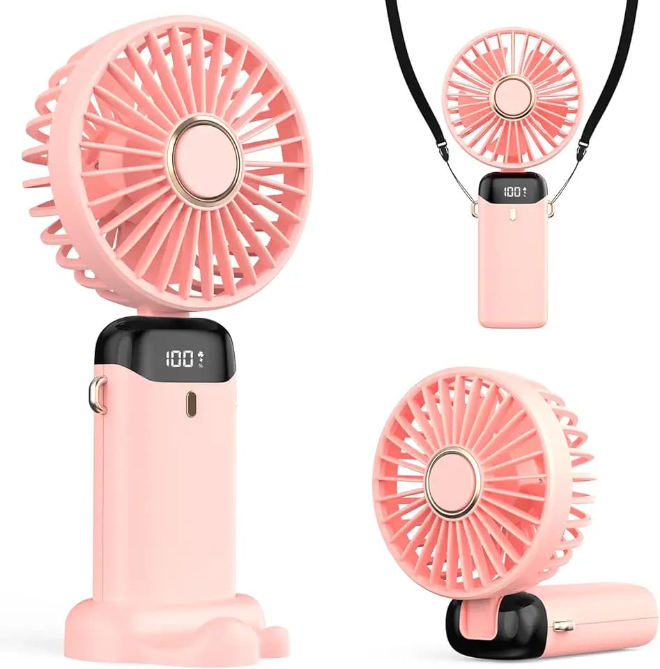 Handventilator, 4200mAh USB Ventilator mit LED-Display, 3-in-1 Hand-/Nacken-/Desktop-Ventilator, 90° verstellbar, klappbar, ideal für Sommer, Büro, Schlafzimmer, Reisen, Geschenke（Rosa）