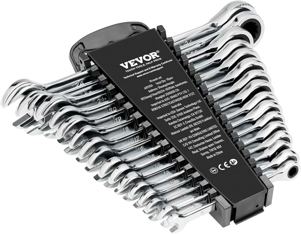 VEVOR Combination Wrench Set, 16-Piece Ratcheting Wrench Set with Organizer Rack, Cr-V Steel, Metric 8 mm to 24 mm, Ideal for General Household, Garage, Workshop, Auto Repairs, Emergency