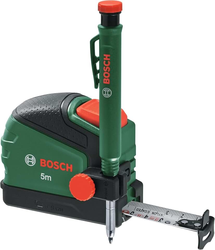 Bosch Maßband 5m + Tieflochmarker Bleistift (mit Bleistiftclip; Auto-Lock; Nylonbeschichtetes Band; 22mm Bandbreite; 2m Stabilität; Zweirichtungshaken; Metall-Gürtelclip; Softgrip) - Amazon Edition