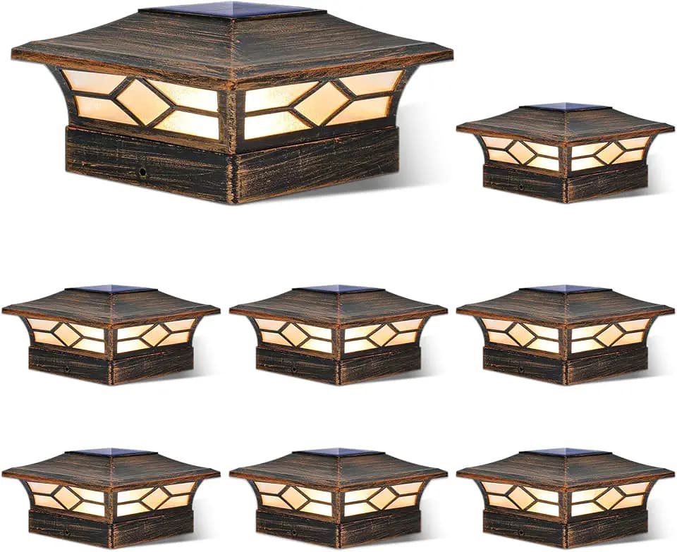 Solar Post Cap Lights Outdoor 8pack, Waterproof Solar Powered Deck Fence Post Lights for 4x4 Wood/Vinyl Posts, Solar Outdoor LED Light with Cool/Warm Lighting (Brushed Copper, 8pack)