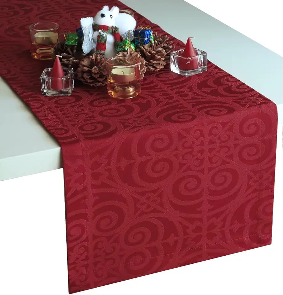 Red Table Runner 132 inch, Cranberry Damask Dresser Scarf, Outdoor Coffee Table Runner, Burgundy Jacquard Dining Table Runners, Decor for Nightstand, End Table, Dinner Parties, Wedding