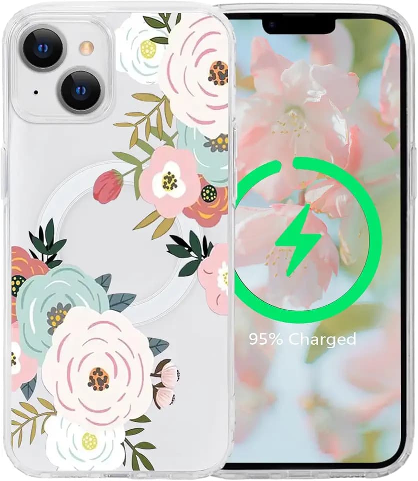 for iPhone 13 Flower Magnetic Case [Compatible with MagSafe] Cute Floral Pattern Clear Shockproof [Hard PC Back Soft TPU Edges] Slim Cover for Girls Women iPhone 13 6.1'', Abundant Blossom
