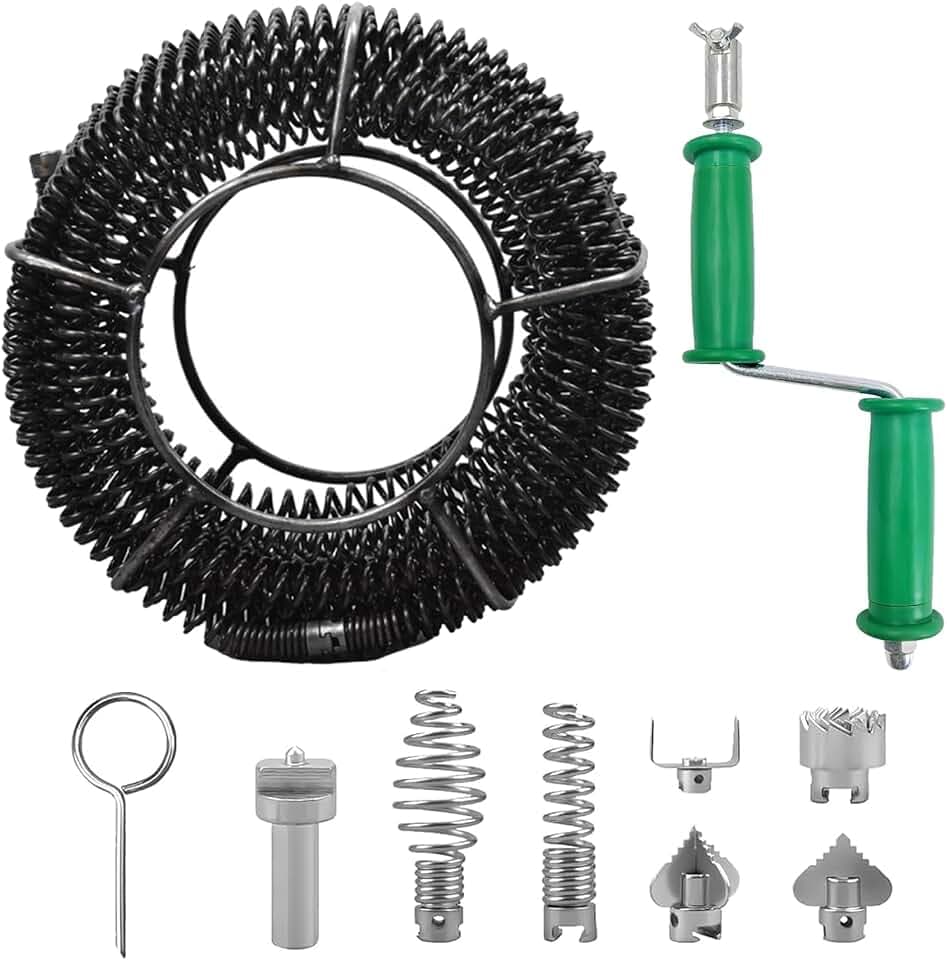 6M Rohrreinigungsspirale Spirale Ø 16mm, mit 6 Stück Abflussreiniger Schneidkopf und 1Manuellen Adaptern, Effizientes Rohrreiniger