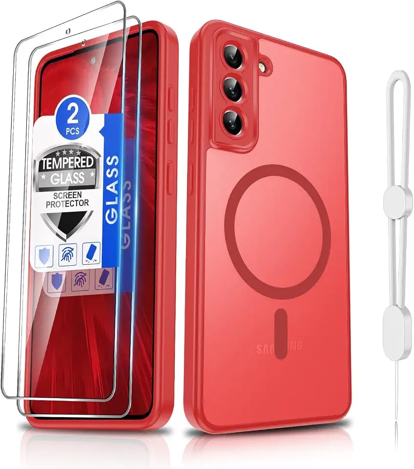 Dizn for Samsung Galaxy S21 FE Phone Case:[𝐍𝐨𝐭 𝐅𝐢𝐭 𝐒𝟐𝟏][Compatible with MagSafe] with Tempered Screen Protector,Slim Cover,with Strap & Military Lens Protector S 21FE,Funda para S21FE,Red