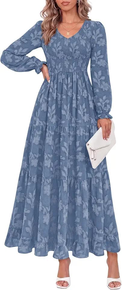 KIRUNDO Womens Long Sleeve V Neck Wedding Guest Maxi Dress