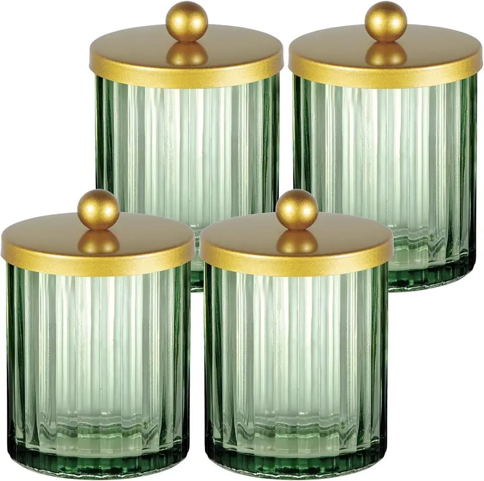 Amolliar Green Glass Qtip Holder Dispenser, Bathroom Canister, Gold 4 Pack