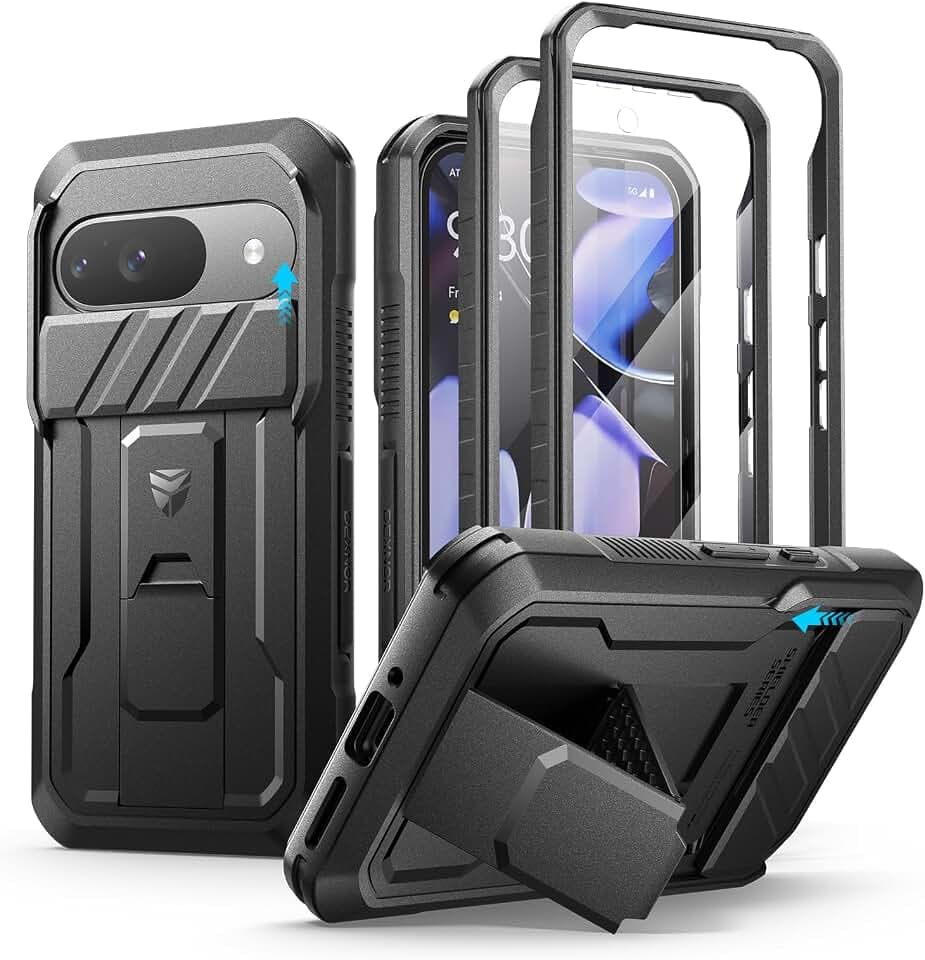 Dexnor Kompatibel mit Google Pixel 9 Hülle mit Eingebaute Schiebekamera Abdeckung&Displayschutz&Kickstand, Schwerlast Stoßfestes Robustes Handyhülle Ganzkörper Stoßfänger Schutzhülle - Schwarz