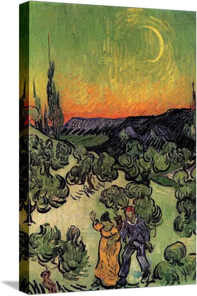ART.COM Stretched Canvas Print Landscape with Couple Walking and Crescent Moon by Vincent van Gogh, 12" x 18"