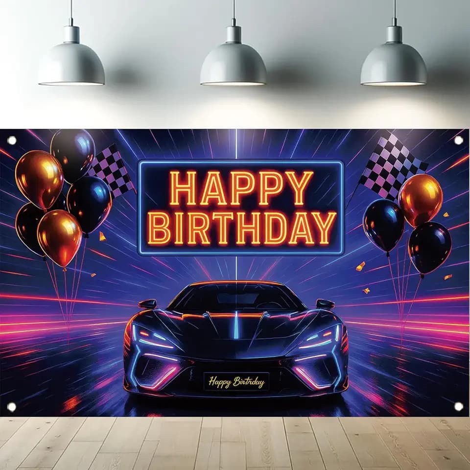 Racing Car Happy Birthday Backdrop Sports Car Neon Racing Banner Black White Plaid Checkered Flag for Men Boys Photography Background Bday Table Decor Photo Booth Prop 71 x 43 Inch