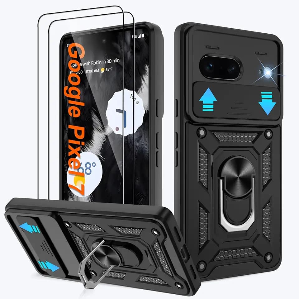 ATUMP for Google Pixel 7 Case with (2 Pcs) HD Screen Protector, Heavy Duty Shockproof with 360° Rotation Metal Kickstand [Military Grade] Protective Case for Pixel 7, Black