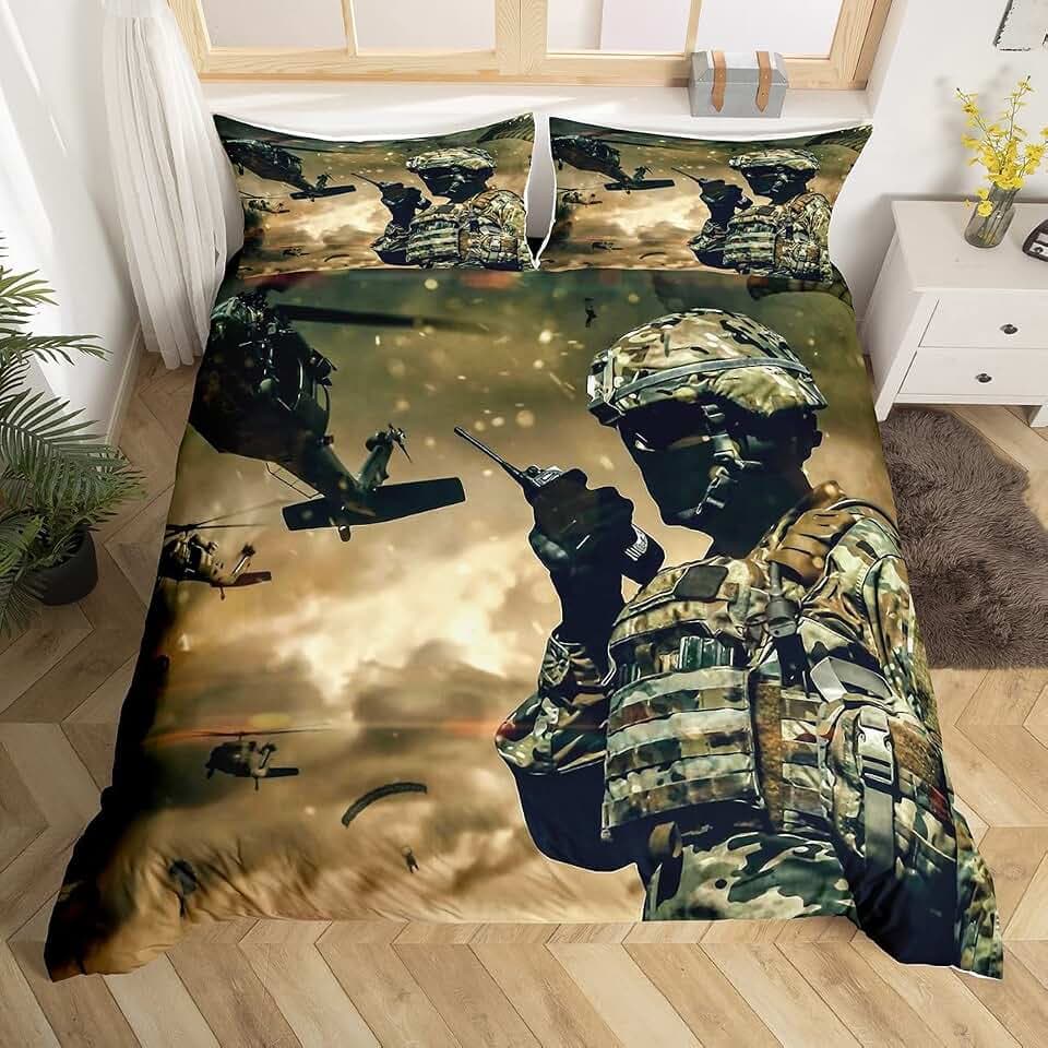 Homemissing American Soldier Bettwäsche 140 x 200 cm Under Mission Bettwäsche Bettbezug Helikopter Bettbezug Camouflage Schlafzimmer Militär Thema mit 1 Kissenbezug