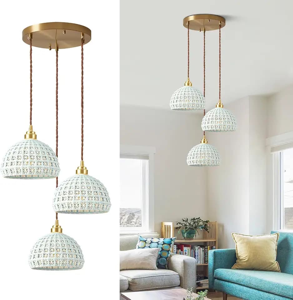Modern Pendant Light 3-Lights Fixture with Sky Blue Ceramic Shade Brass Vintage Pendant Lighting Industrial Dome Pendant Lamp for Bedroom Kitchen
