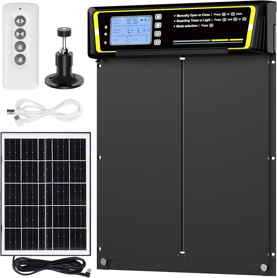 Automatic Chicken Coop Door with Timer & Light Sensor，5000mAh Battery & 3.7W Solar Panel，Anti-Pinch Auto coop Door, Weatherproof for Backyard Chicken Coop