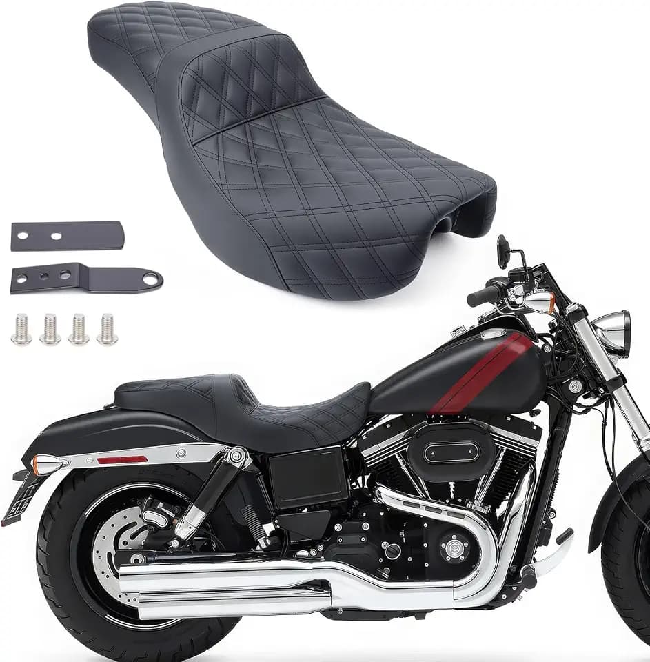 Motorcycle 2-Up Driver & Passenger Seat One-Piece Seat for Harley Dyna Street Bob Fat Bob Super Glide Wide Glide Low Rider 2006-2017 Comfort Replacement Seat (Diamond Pattern)