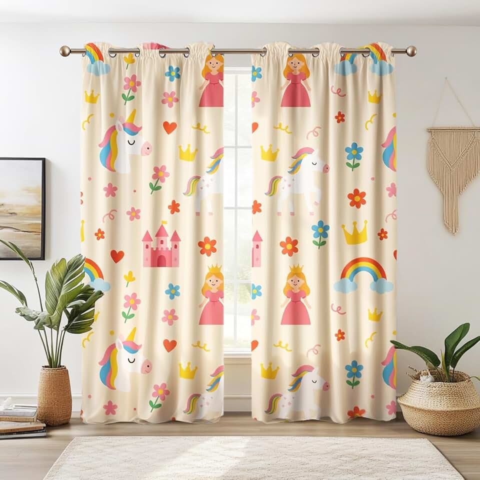2-teiliges Set Mädchen-Einhorn-Schlafzimmervorhänge | Magische Regenbogen-Cartoon-Verdunkelungsvorhänge | Niedliche Fantasie-Dekoration für Kinderzimmer
