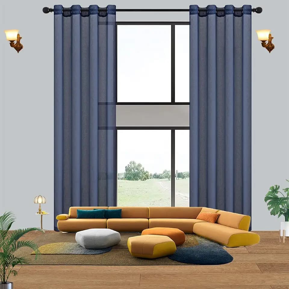 Qiseca Extra Long Sheer Curtain 12FT 52x144 Faux Linen Grommet 1 Panel Navy