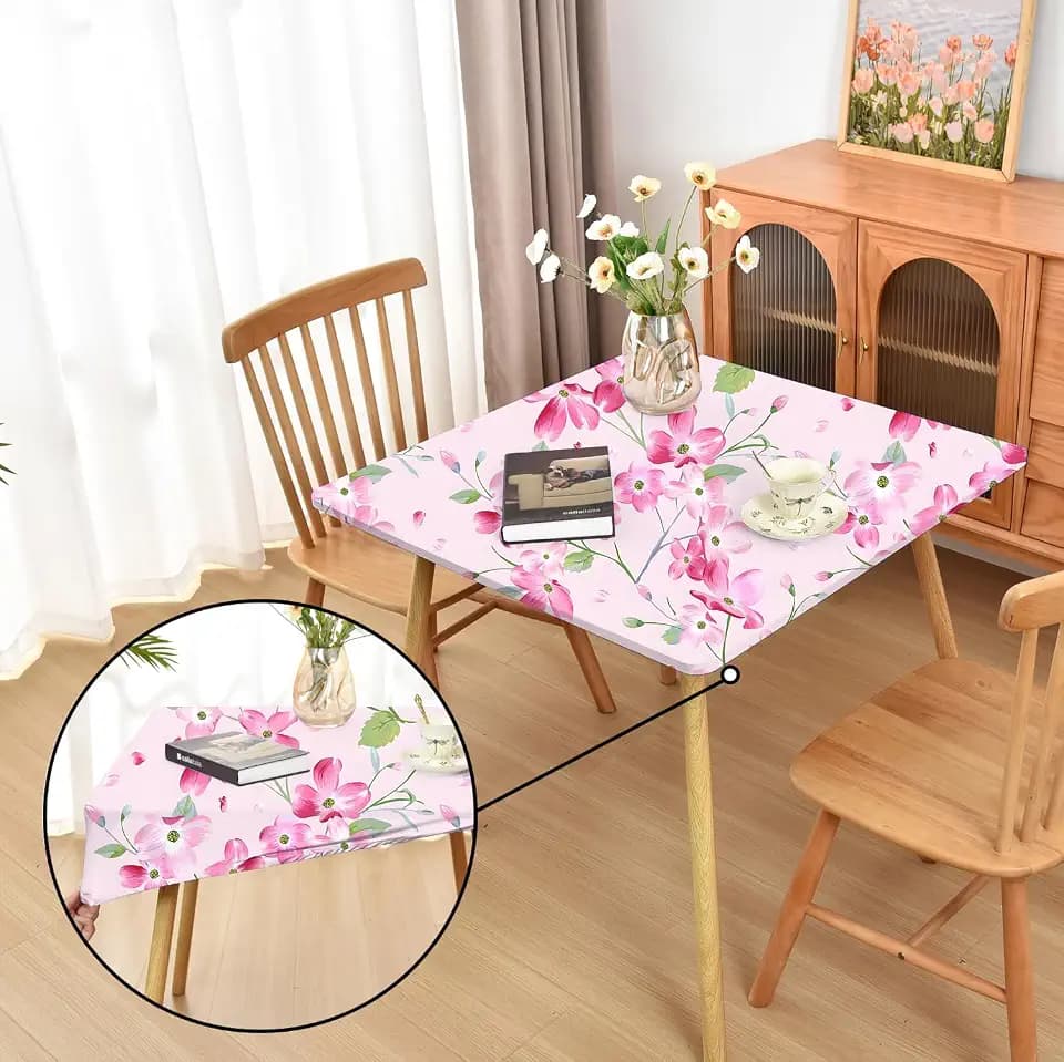 Spring Pink Flower Fitted Tablecloth with Elastic for 42x42 inch Square Folding Tables Washable Stretchy Spandex Card Table Covers Cloth Floral Fabric Table Cloths Not Vinyl