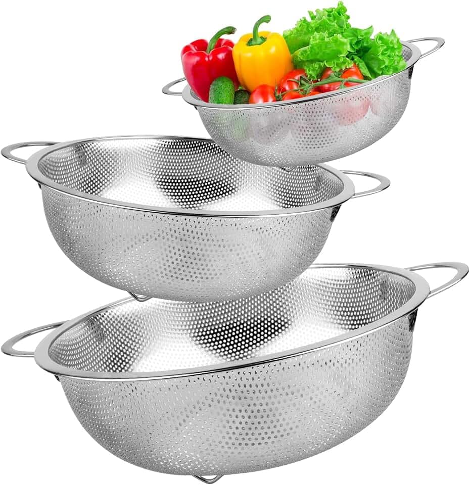 Sieb 3er-Set, Nudelsieb Edelstahl mit Griffen, Küchensieb Micro-Perforierte Hochglanzpoliert,Metall Küche Sieb für Nudeln Obst Reis,Gemüse, Reissieb Spülmaschinenfest, Abtropfsieb Seiher (16/22/28cm)