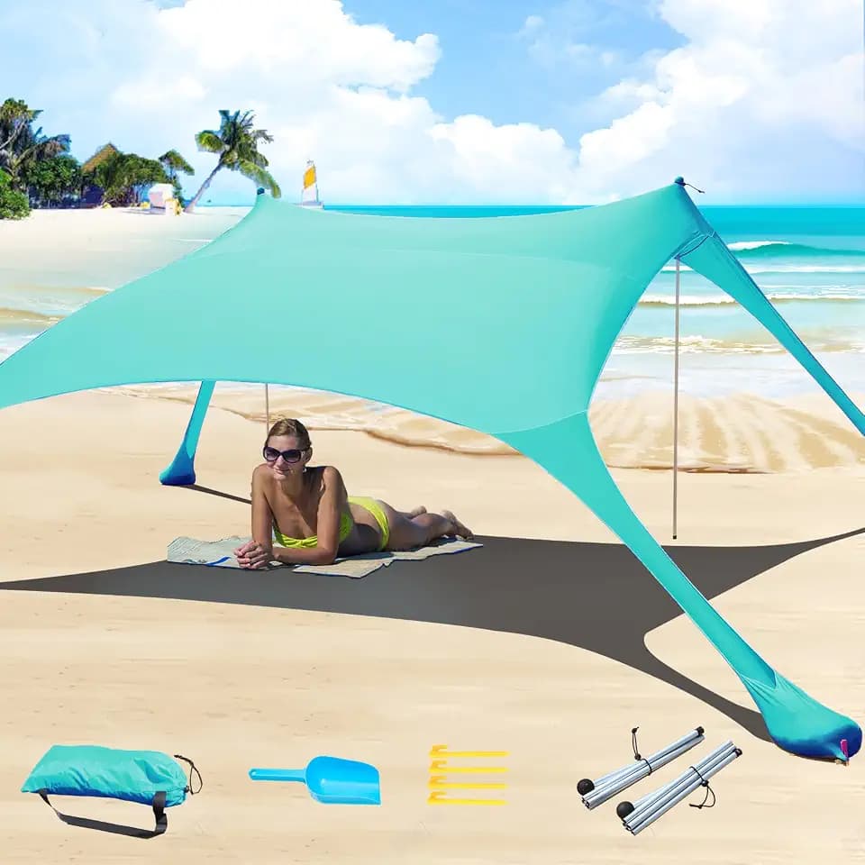 Strandzelt, Pop-Up, 2x2.1 m, LSF 50, Lycra, Sonnenschutz, für den Außenbereich, Anti-Wind, Sonnenschutz mit Stabilitätsstangen, Hinterhof mit Stranddecke