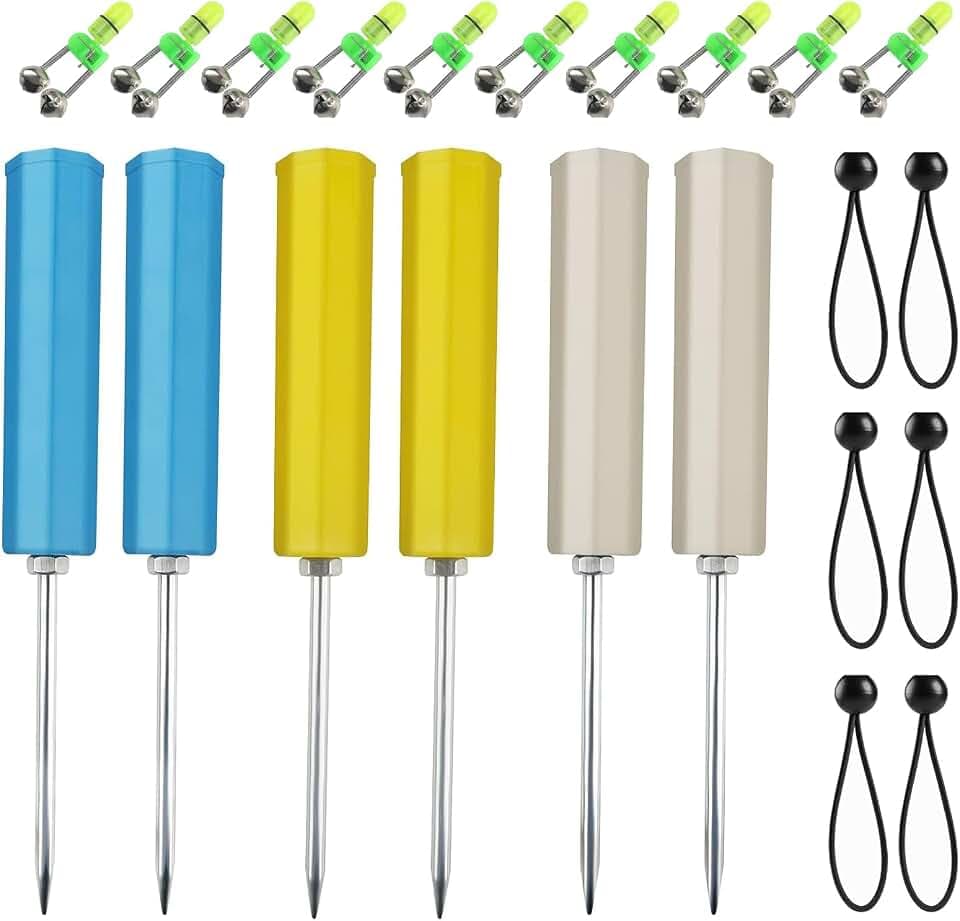 6pack Fishing Rod Holder Ground Support with Bite Alarm Bells, Bungee Cords