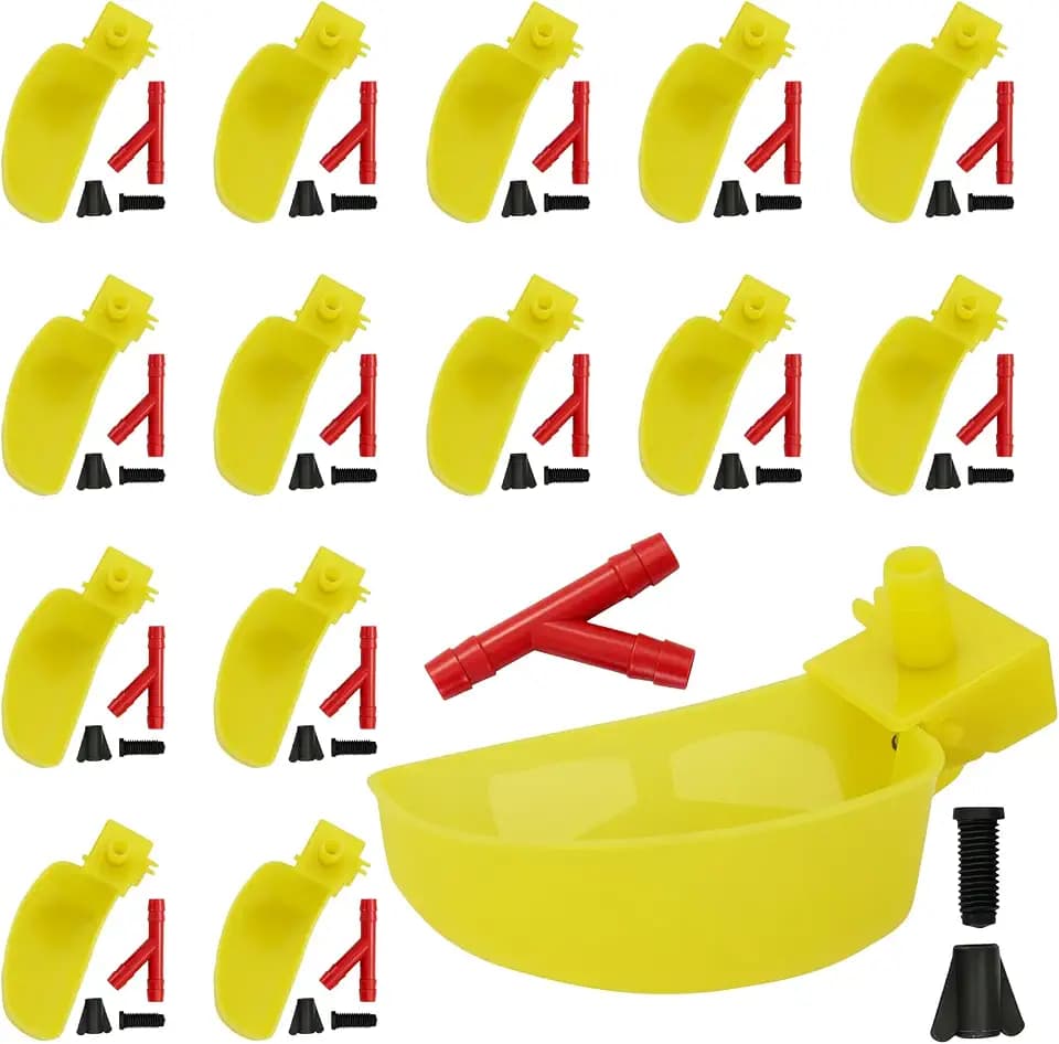 15Pcs Quail Waterer Bowl Cups Automatic Bird Waterer for Cage Hang Drinker Poultry Bird Watering System （Red/Yellow） (Yellow)