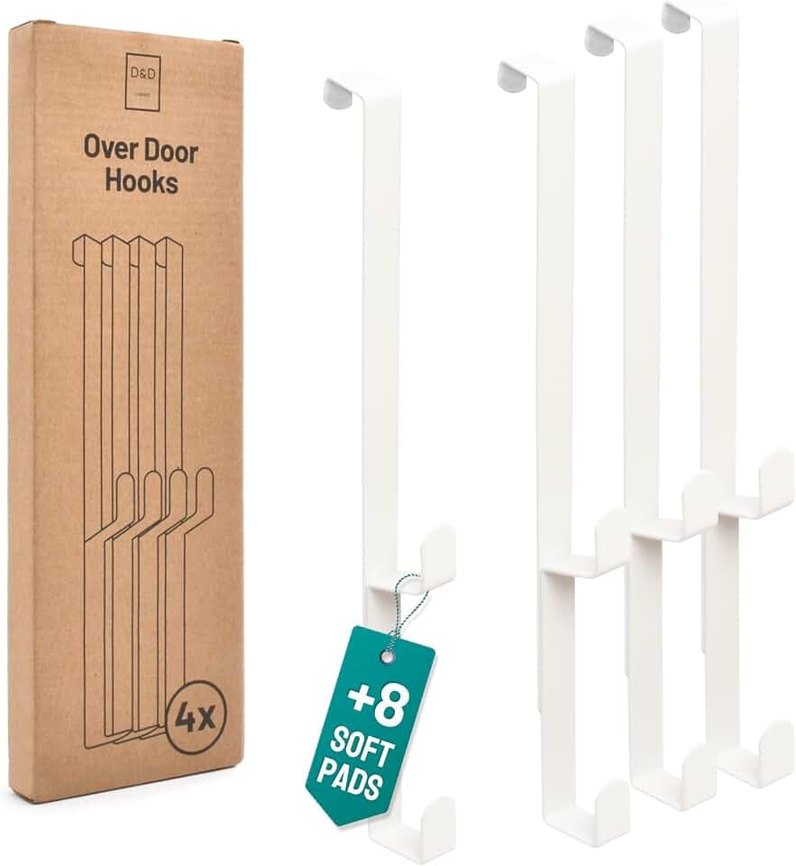 D&D Living® Türhaken zum Einhängen bis 16 mm | 4x Doppel Haken für Türgarderobe | Kleiderhaken für Tür und Schrank (Weiß)