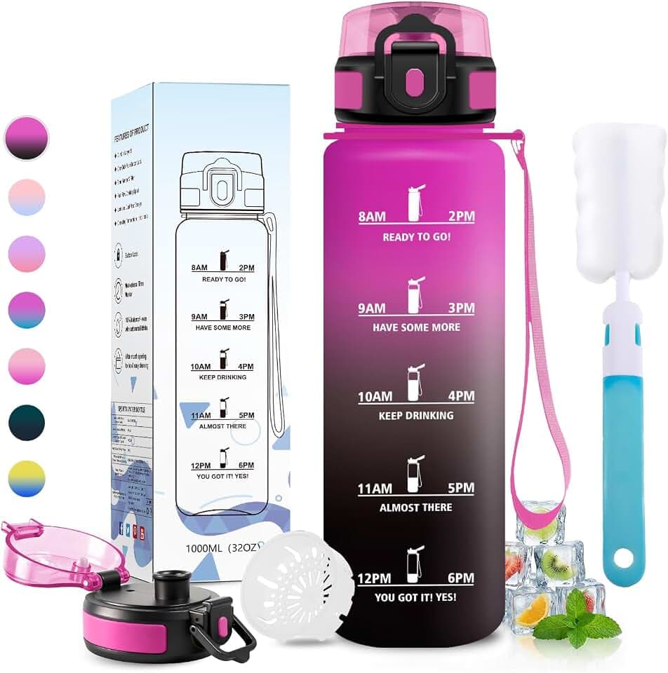 Trinkflasche 1L, Wasserflasche Sport mit Filte, Kohlensäure Geeignet, Auslaufsicher Trinkflasche mit Zeitmarkierung, Perfekt für Camping, Fahrrad