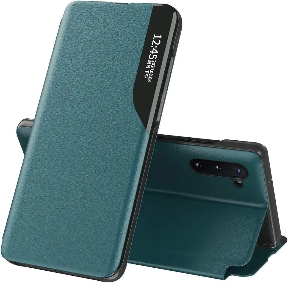 Handyhülle für Samsung Galaxy Note 10 Plus, Galaxy Note 10 Plus Hülle Clear View Fenster Klappbar Leder Schutzhülle mit Stand 360 ​​​​Schutz Stoßfest Klapphülle für Galaxy Note 10 Plus,QH CC Green