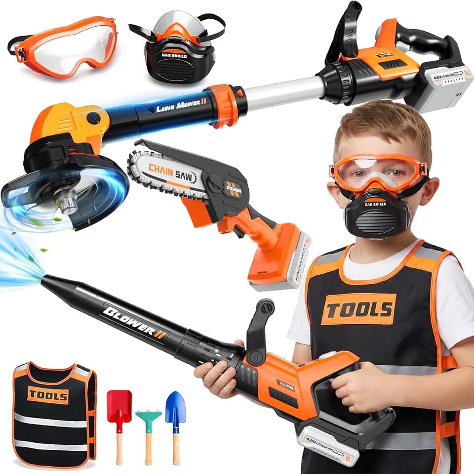 2 in 1 Werkzeug Kinder Spielzeug ab 3 Jahre, motorsäge Kinder, Kinder Rasenmäher & Laubbläser mit Geräusch, Gartenspielzeug Kinder Outdoor Spiele Geschenk 3-9 Jahre Junge