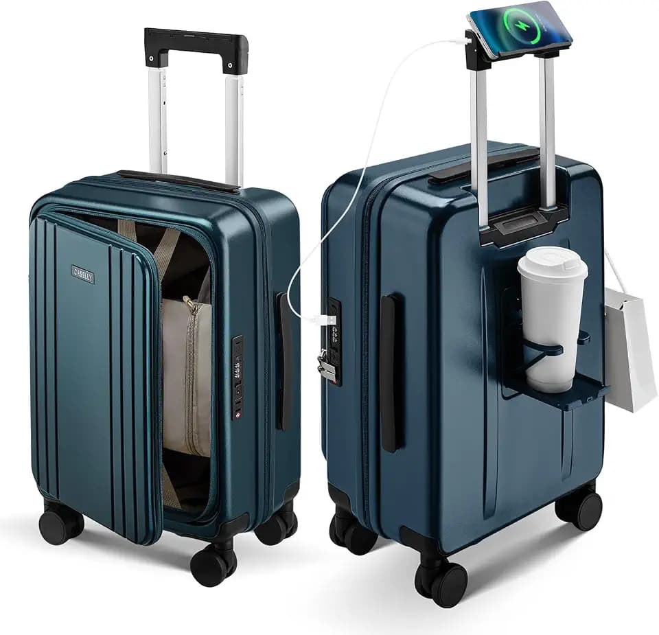 Carry On Luggage with Top Opening, Expandable with Cup Holder and USB Charging Port, Hard Shell Suitcases with Spinner Wheels, Phone Mount, Side Hooks (Navy, 20inch（EXT）)