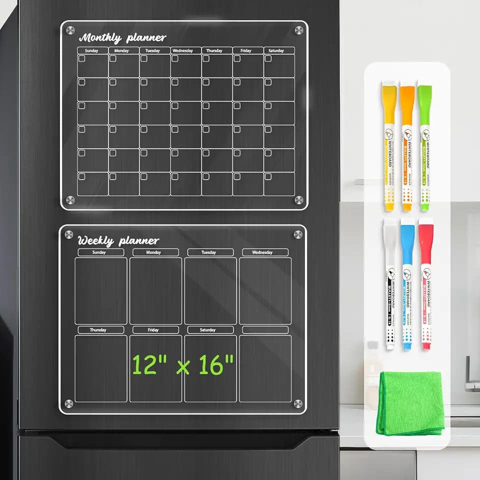 WALGLASS Acrylic Calendar for Fridge, Monthly Clear Acrylic Magnetic Dry Erase Board for Refrigerator, Set of 2 Stronger-Magnetic Reusable Fridge Planner, Includes 6 Liquid Chalk Markers
