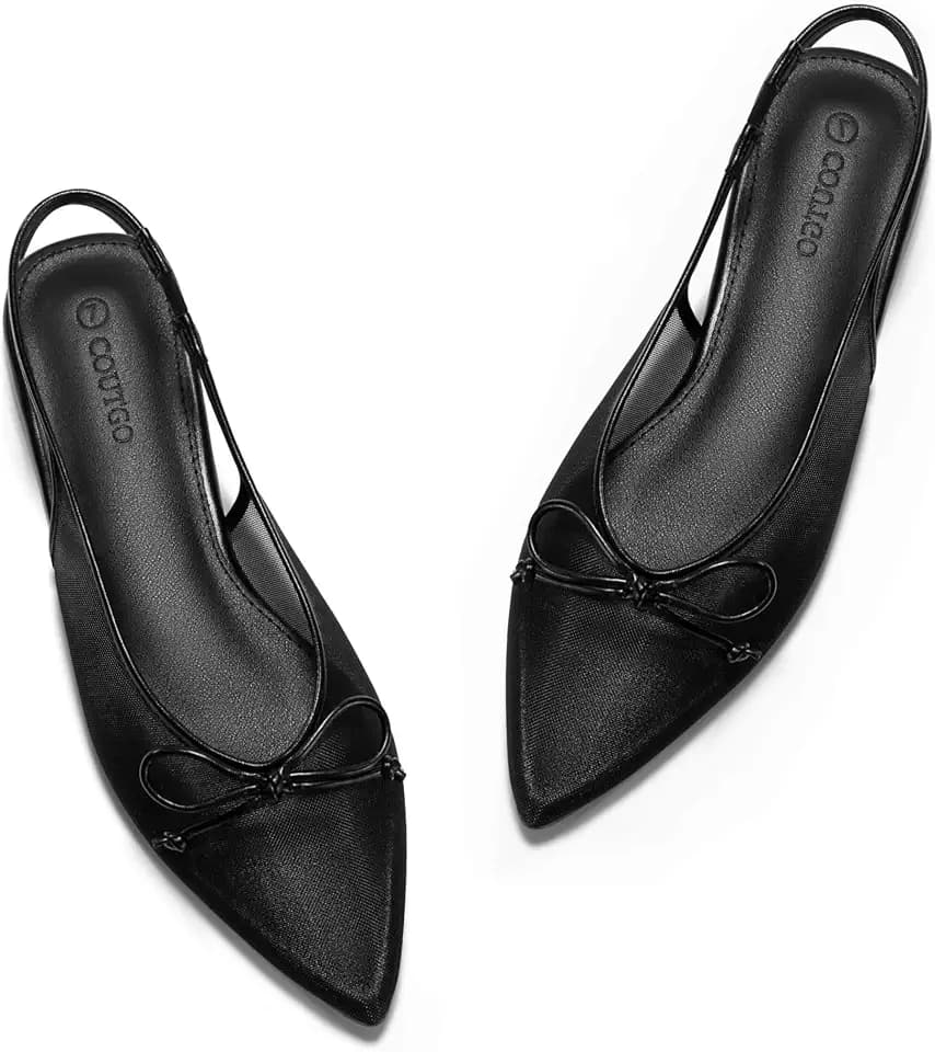 Coutgo Womens Slingback Flats Bow Closed Pointed Toe Mesh Ballet Flats Low Heel Sandals Dress Shoes