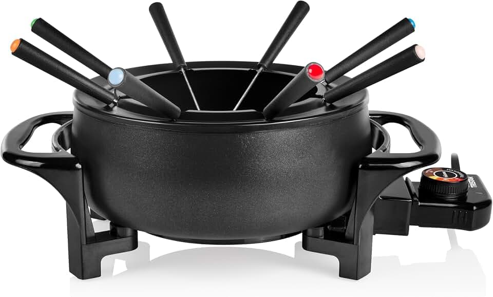 Tristar Fondue-Set 1,5 L für 8 Personen, 1000 Watt – Multifunktionaler Fonduetopf für Öl-, Käse-, Schokoladen- und China-Fondue, inkl. 8 Gabeln und Spritzschutzring, leicht zu reinigen