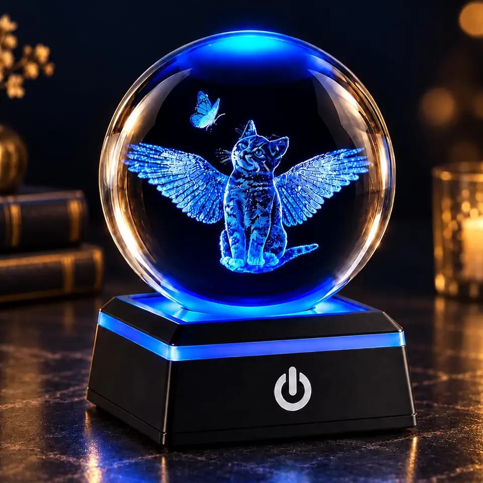 Crystal Ball with LED Base, 3D Laser Engraved Cat Globe Gift