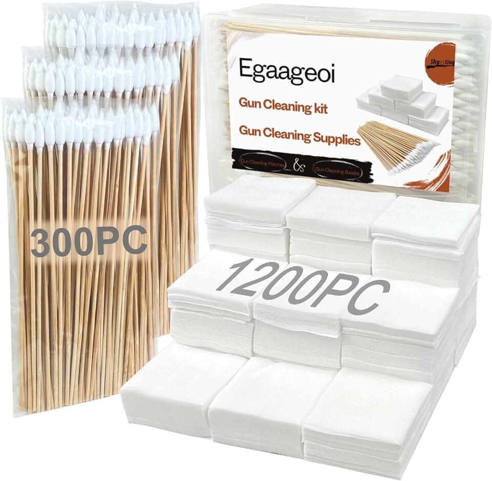 Egaageoi Gun Cleaning Patches and Pointed Swabs with Storage Box - Lint-Free Gun Cleaning Supplies for Shooting Practice, Range Match, Hunting Prep - Compatible with .22 to .45 Cal, 9mm, .30 Caliber