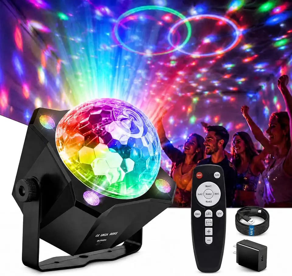 Disco Ball Light DJ Party Light，Sound Activated 6 Colors Stage Strobe for Outdoors and Indoors Home Club Karaoke Christmas Halloween Birthday Wedding Dancing Mood Lights (Disco Ball Light)